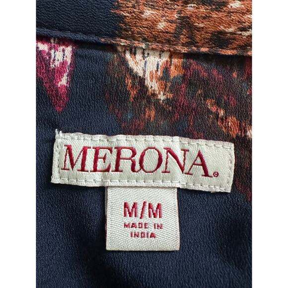 Merona blue red floral long sleeves tunic blouse size M - Picture 3 of 11